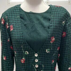 Vintage Expo Women Green Check Floral Long Sleeve Dress Size 12